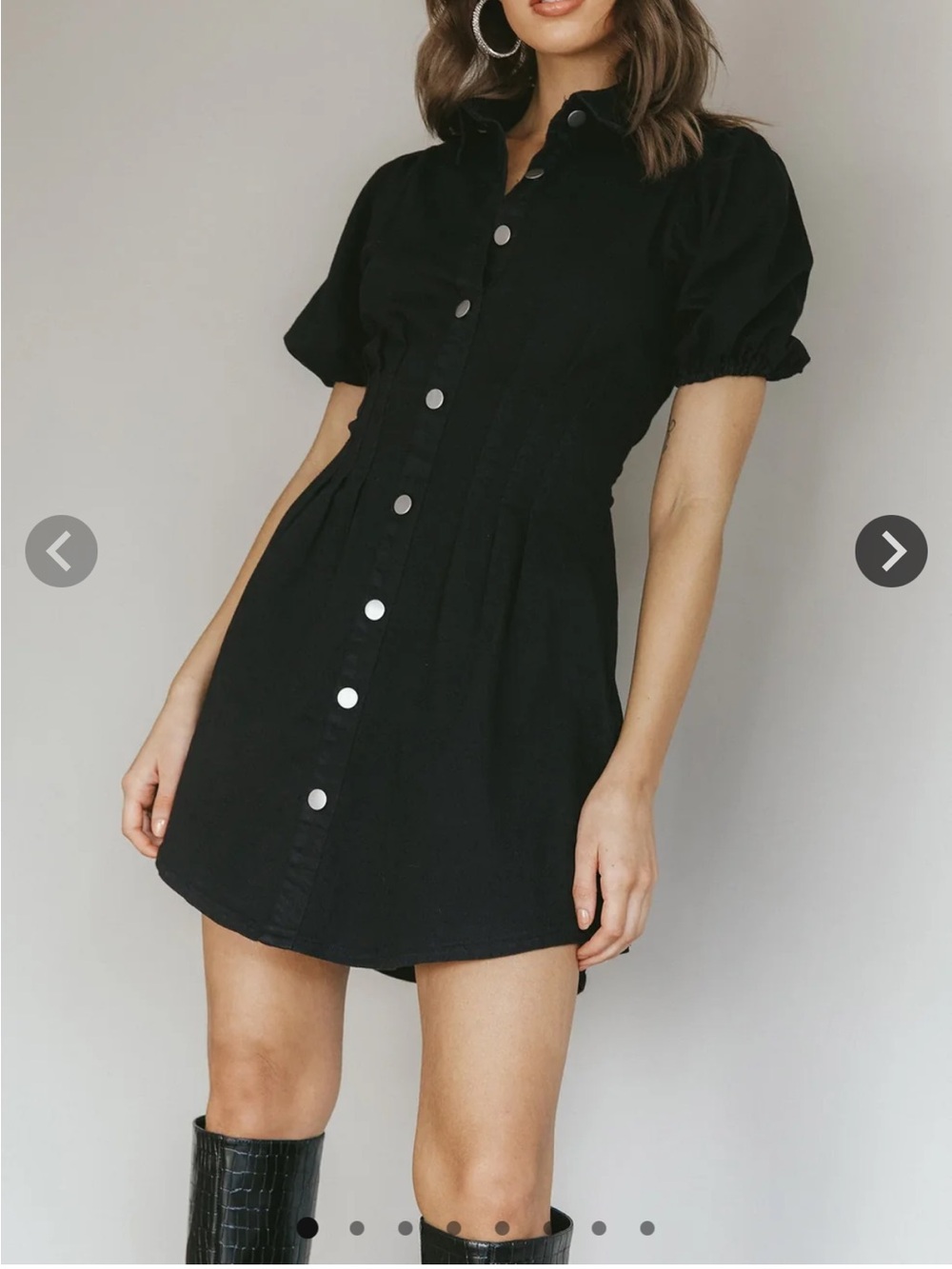 Zurich Pleated Dress Button-Front Puff Sleeve